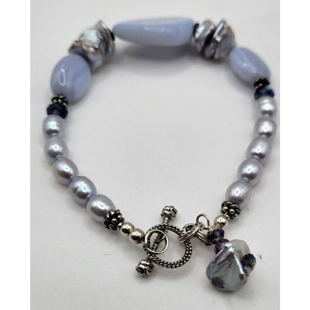 Handmade Genuine Pearl Geode Sterling Silver Beaded Toggle Clasp Bracelet 7.5in